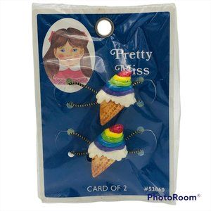 NOS Vintage Pretty Miss Tip Top Card of 2 Rainbow Ice Cream Cone Hair Elastics